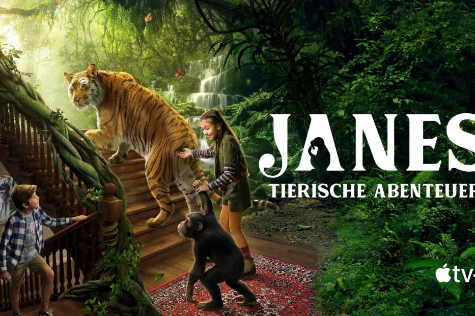 Ein Junge, ein Mädchen, ein Tiger und ein Schimpanse auf einer Treppe im Dschungel für die Serie „Janes tierische Abenteuer“.