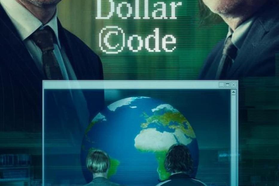 Das Poster der Netflix-Miniserie „The Billion Dollar Code“ zeigt zwei Männer und einen Globus auf einem Bildschirm.