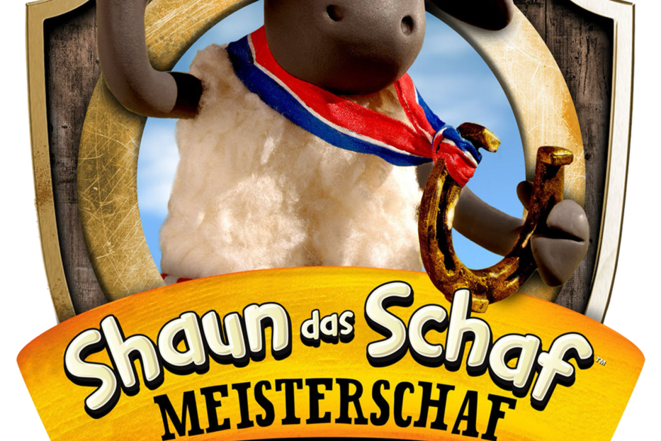 Shaun das Schaf präsentiert die „Meisterschaft“ mit einem Hufeisen in der Hand.