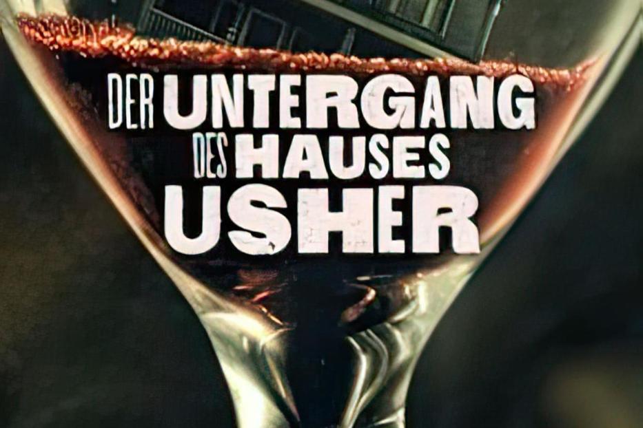 Ein Haus liegt in einer Sanduhr, Titel: „Der Untergang des Hauses Usher“.