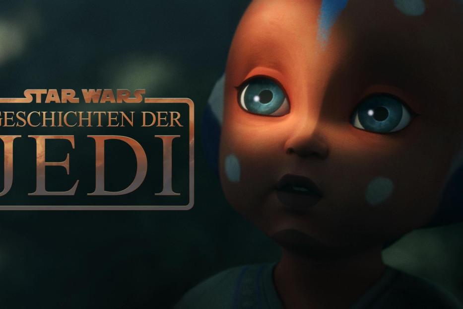 Das Logo von „Star Wars: Geschichten der Jedi“ neben dem Porträt eines jungen Togrutas.