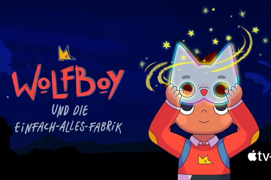 Ein Junge mit einer Wolfsmaske vor dem Hintergrund des Titels „Wolfboy und die Einfach-Alles-Fabrik“.