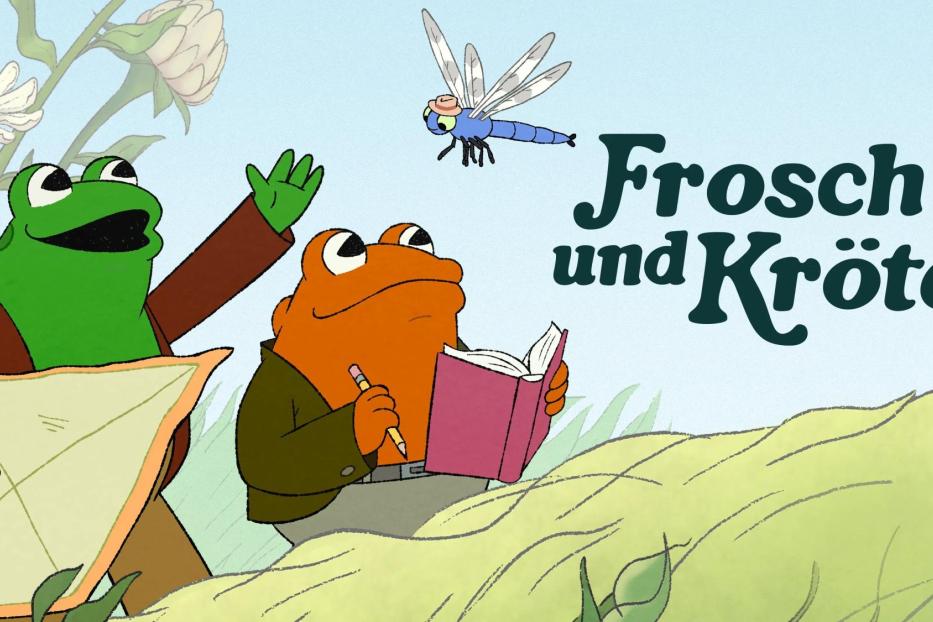 Illustration für „Frosch und Kröte“ mit einem Frosch mit Karte, einer Kröte mit Buch und einer Libelle.