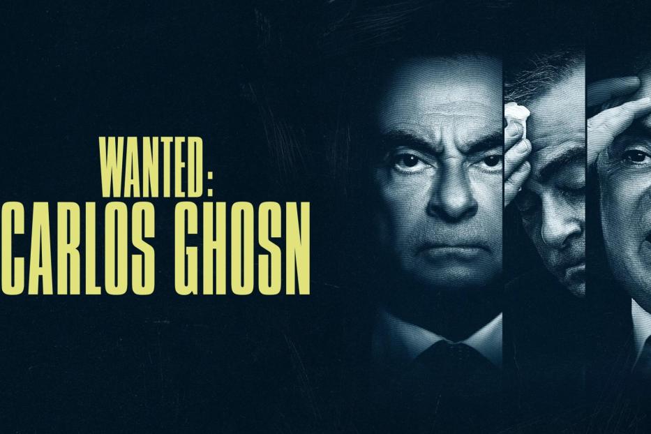 Das Poster zeigt den Schriftzug „Wanted: Carlos Ghosn“ und Porträts von Carlos Ghosn.