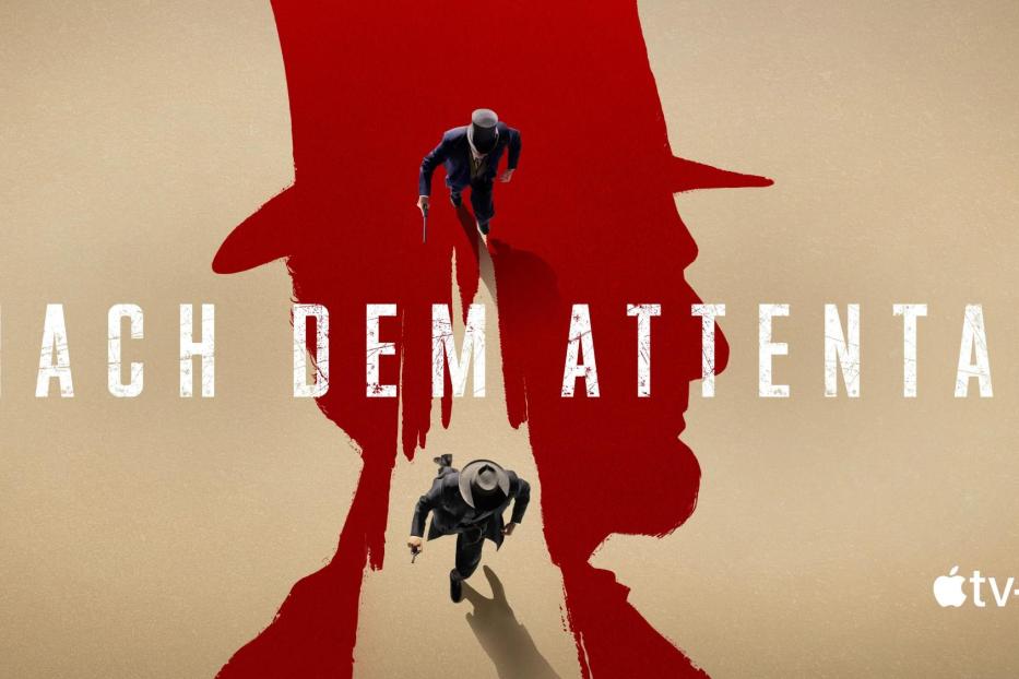 Ein stilisierter Mann mit Hut und Pistole auf dem Poster für „Nach dem Attentat“.