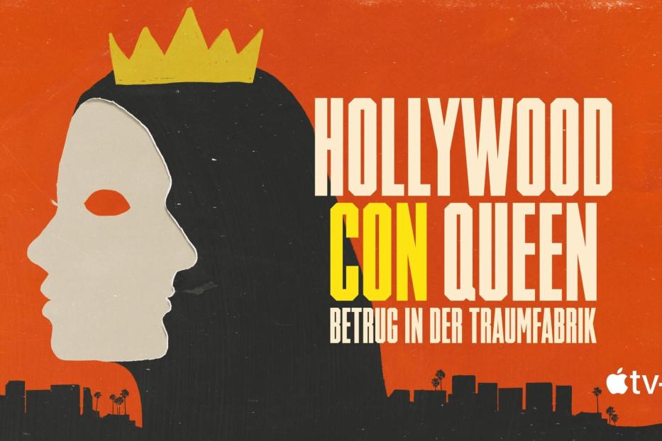 Das Poster für „Hollywood Con Queen: Betrug in der Traumfabrik“ zeigt eine stilisierte Königin vor einer Skyline.