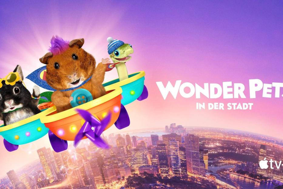 Die Wonder Pets fliegen in einem selbstgebauten Flugzeug über eine Stadt.