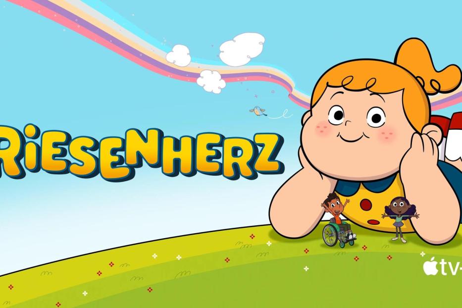 Das animierte Logo für „Riesenherz“ mit einer großen, freundlichen Figur und zwei kleineren Kindern.