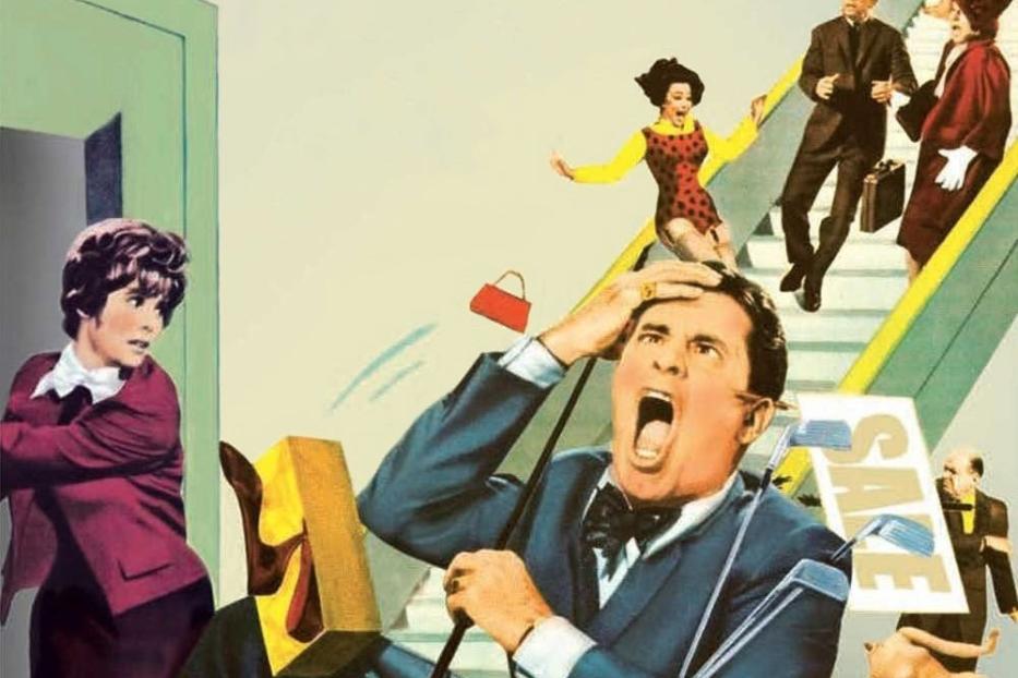 Ein Mann stürzt auf einer Rolltreppe, umgeben von Einkäufen, auf dem Cover von „Der Ladenhüter“.