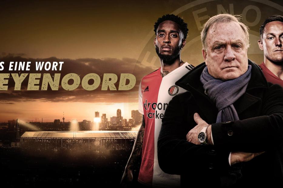 Porträt von drei Personen vor dem Hintergrund des Feyenoord-Stadions und der Skyline von Rotterdam.