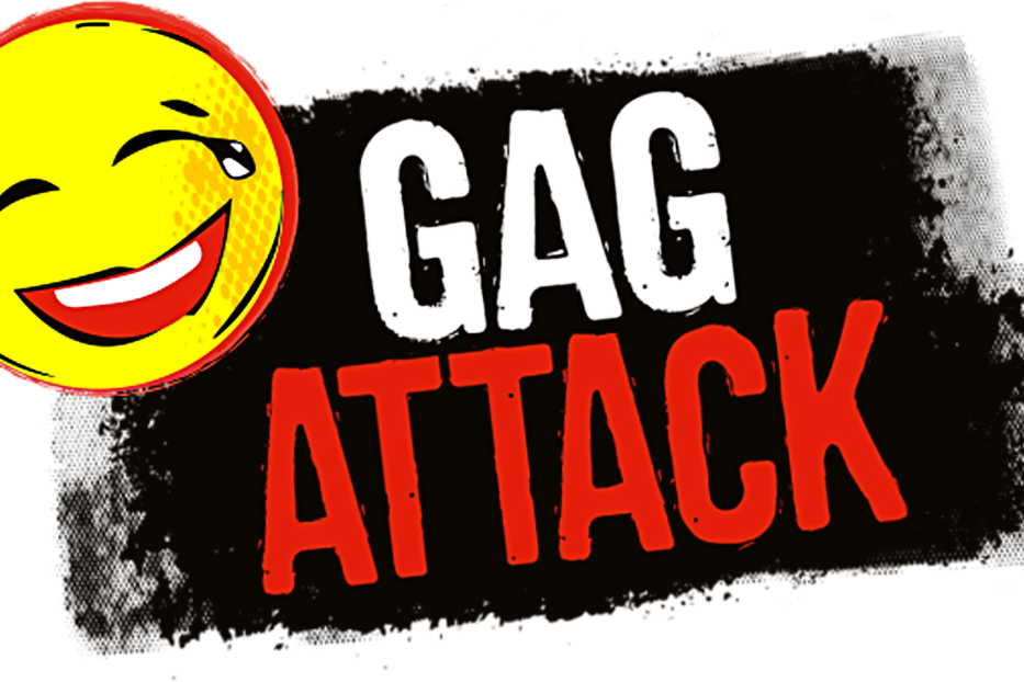 Das Logo von „Gag Attack“ von Disney mit einem lachenden Emoji.