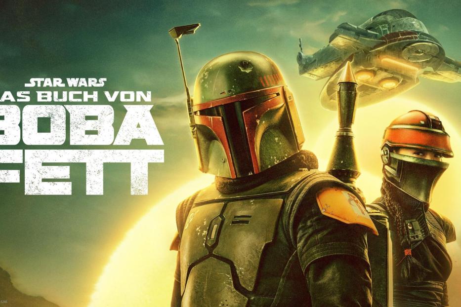 Das Poster für „Star Wars: Das Buch von Boba Fett“ zeigt Boba Fett und Fennec Shand vor einem Raumschiff.