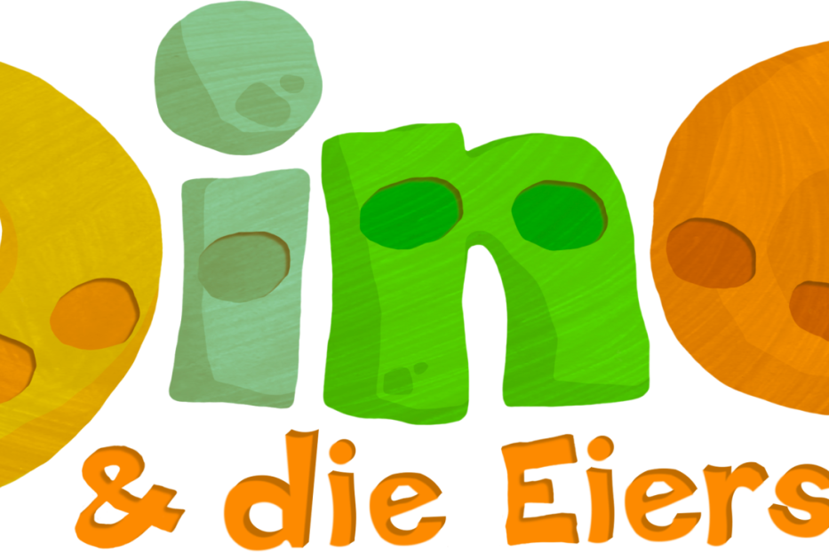 Das Logo für „Dino & die Eiersuche“ mit bunten Buchstaben.