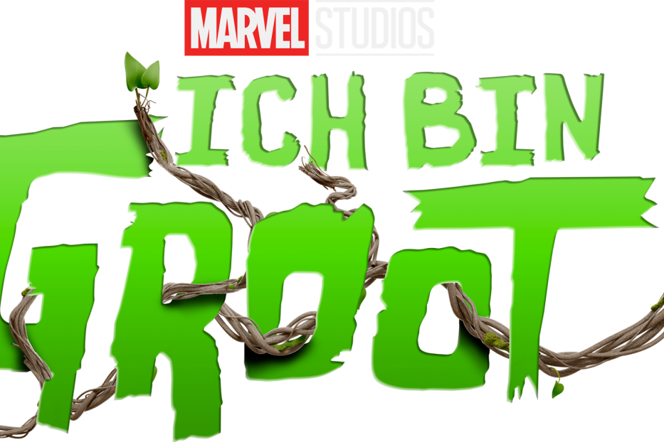 Das Logo von Marvel Studios‘ „Ich bin Groot“ mit grünen Buchstaben und Ranken.