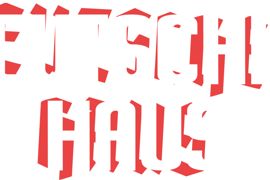 Der Schriftzug „Deutsches Haus“ in Weiß auf rotem und schwarzem Hintergrund.