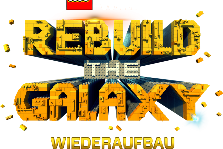 Das LEGO-Logo und der Schriftzug „Rebuild the Galaxy“ aus LEGO-Steinen.