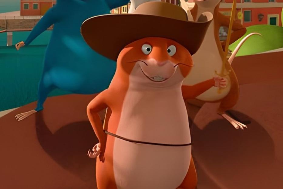 Das animierte Filmplakat für „Die Muskeltiere“ zeigt vier anthropomorphe Nagetiere.