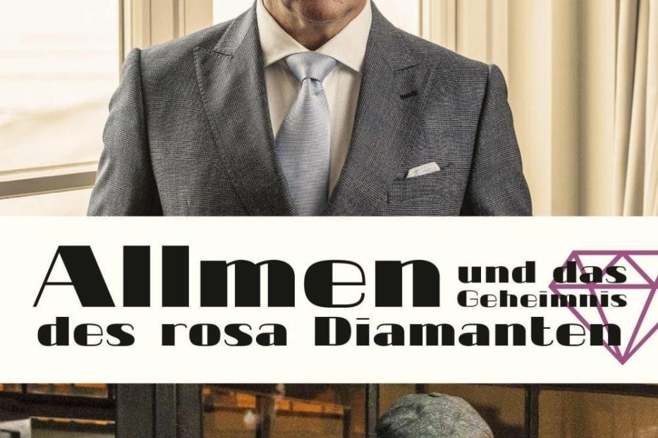 Das Filmplakat zu „Allmen und das Geheimnis des rosa Diamanten“ mit Heino Ferch und Samuel Finzi.