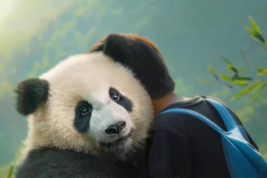 Ein Panda umarmt ein Kind vor einem grünen Hintergrund, im Stil des Films „Moon, der Panda“.