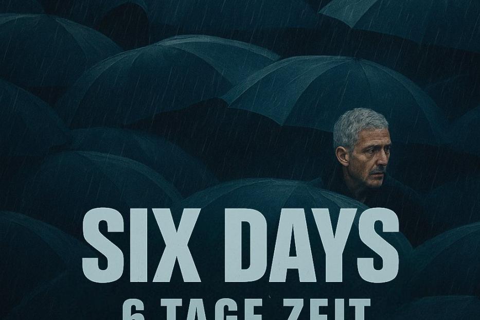Das Filmplakat für „Six Days / 6 Tage Zeit“ zeigt Sami Bouajila und Julie Gayet unter Regenschirmen.