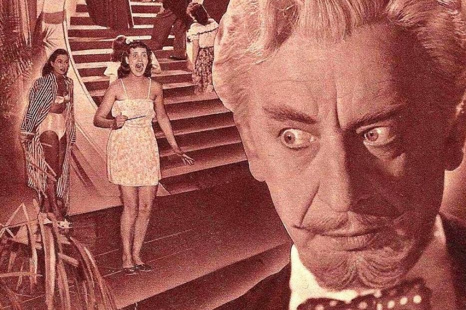 Das Filmplakat für „Das Haus in Montevideo“ zeigt eine Treppe mit mehreren Personen und einen Mann im Vordergrund.