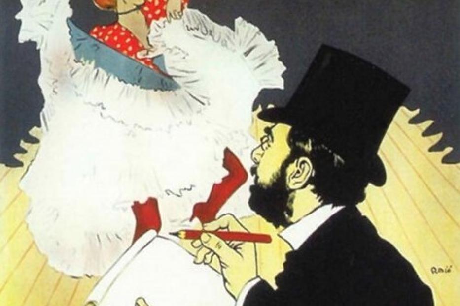 Das Filmplakat für „Moulin Rouge“ zeigt eine Tänzerin und einen Mann, der sie zeichnet.