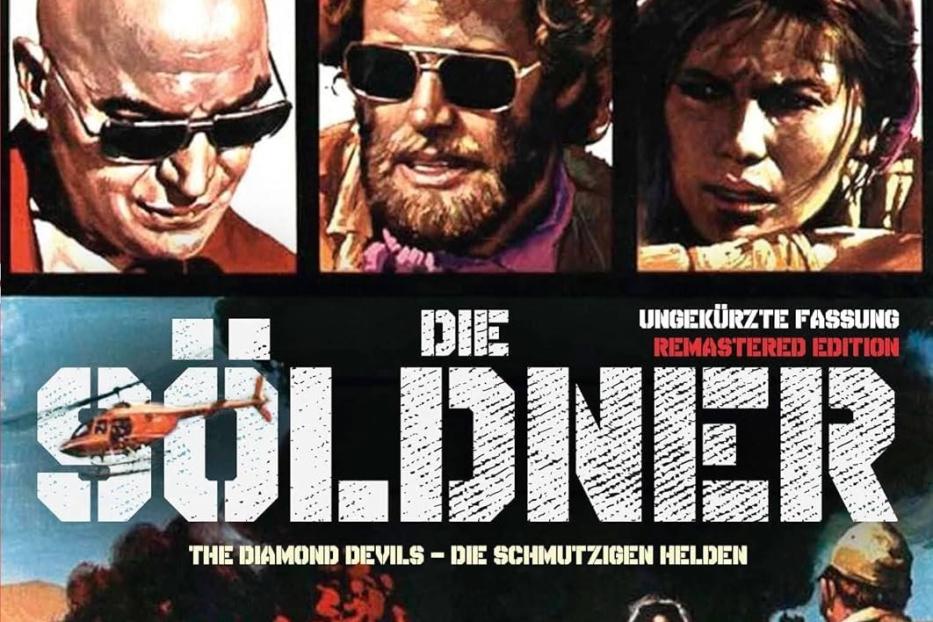 Das Filmplakat für „Die Söldner“ zeigt Telly Savalas, Peter Fonda, Christopher Lee, O. J. Simpson und Maud Adams.