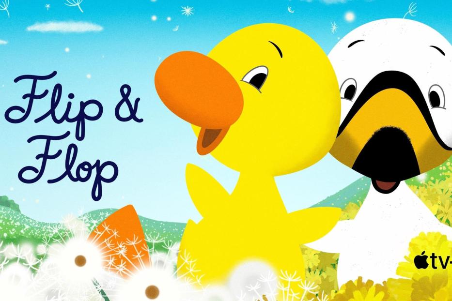 Das animierte Logo für „Flip & Flop“ mit einer Ente und einer Möwe.