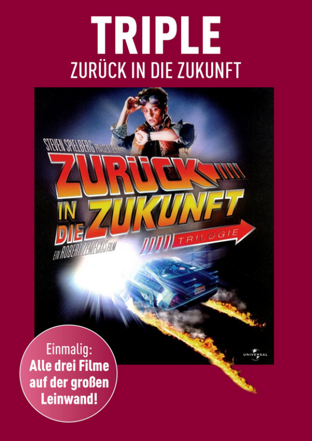 Das Filmplakat für die „Zurück in die Zukunft“-Trilogie mit dem DeLorean und Marty McFly.