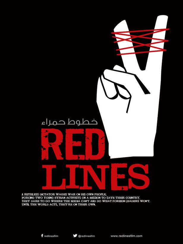 Ein Filmplakat für „Red Lines“ mit einer Hand, deren Finger mit roten Fäden gefesselt sind.