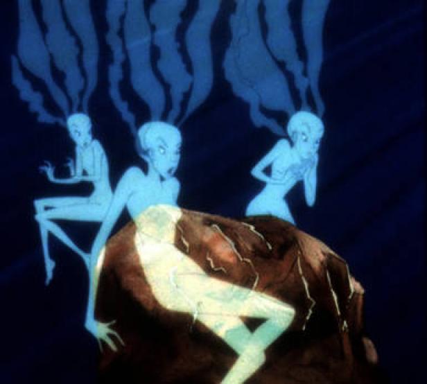 Die Moiren aus dem Film „Hercules“ sitzen auf einem Felsen und blicken in die Zukunft.