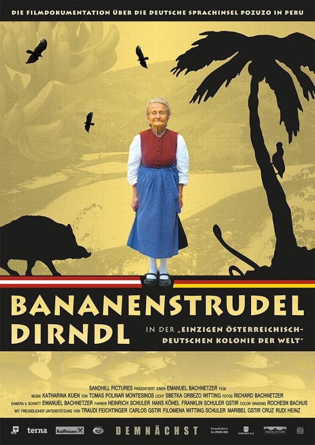 Das Filmplakat zu „Bananenstrudel Dirndl“ zeigt eine ältere Frau vor einer stilisierten Landschaft.