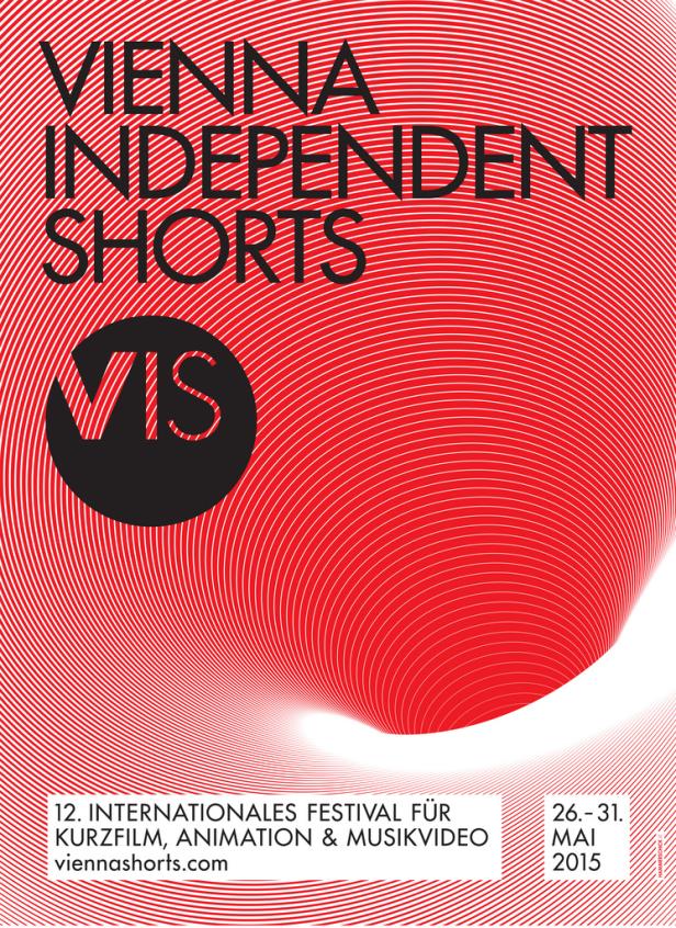 Das Plakat für das Vienna Independent Shorts Festival zeigt ein rotes, abstraktes Design mit dem Schriftzug „VIS“.