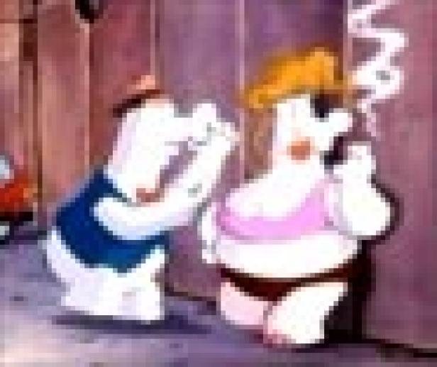 Eine Cartoon-Szene mit zwei Figuren, von denen eine eine Zigarette raucht.