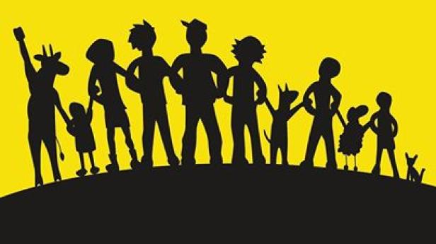 Eine stilisierte Silhouette von Kindern und Tieren, die Hand in Hand auf einem Hügel stehen.