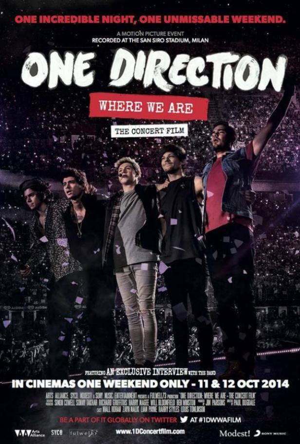 Das Filmplakat für „One Direction: Where We Are – The Concert Film“ zeigt die Band vor einer jubelnden Menge.