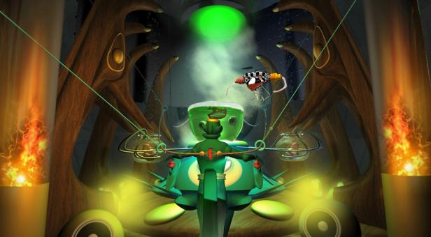 Eine bizarre Maschine mit einem grünen Wesen und einem Behälter mit einer Flüssigkeit in einer futuristischen Umgebung.