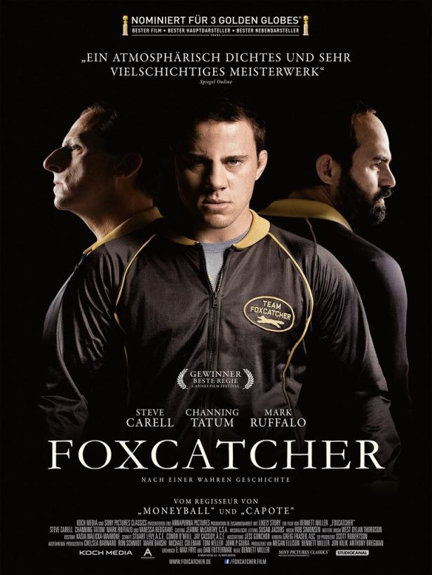 Das Filmplakat für „Foxcatcher“ zeigt Steve Carell, Channing Tatum und Mark Ruffalo.