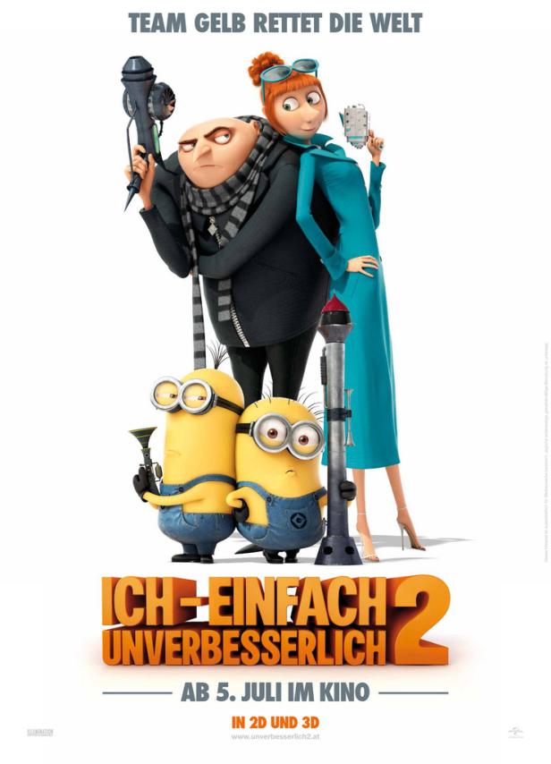 Das Filmplakat zu „Ich – Einfach unverbesserlich 2“ zeigt Gru, Lucy und zwei Minions.