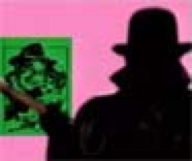 Die Silhouette eines Mannes mit Hut und Mantel vor einem pinkfarbenen Hintergrund.