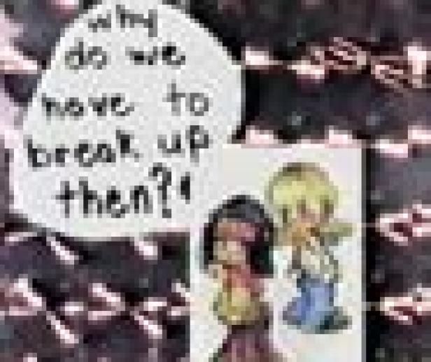 Ein Zettel mit der Frage „Warum müssen wir uns dann trennen?“ neben zwei Comicfiguren.