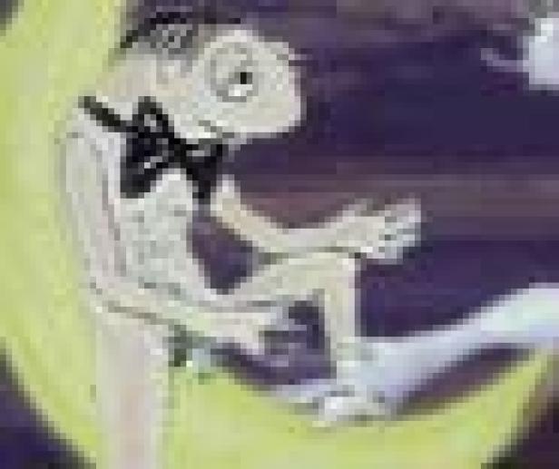 Eine anthropomorphe Echse mit Fliege sitzt auf einer Mondsichel.