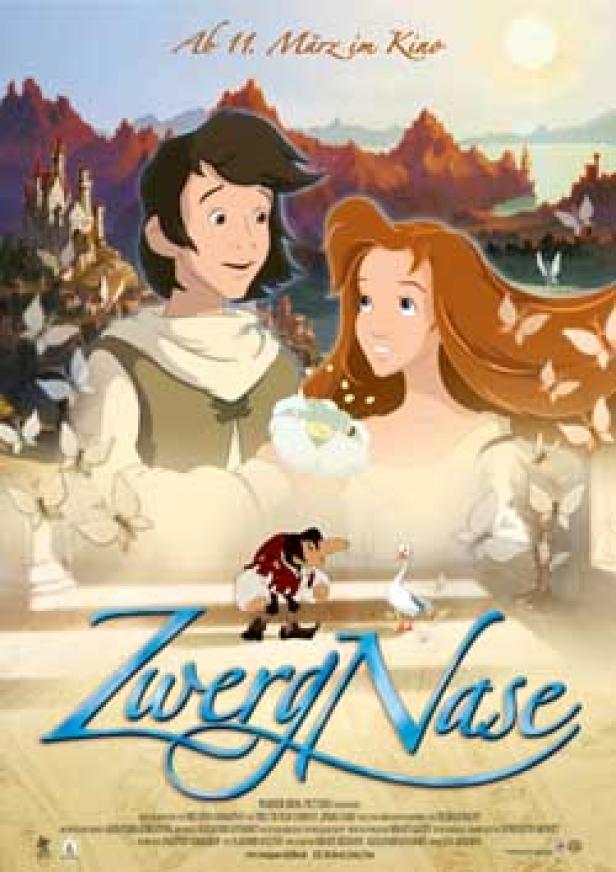 Ein animiertes Filmposter für „Zwerg Nase“ mit einem jungen Paar und einem Zwerg.