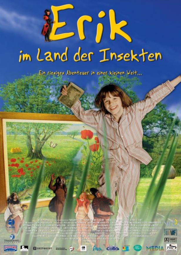 Das Filmplakat für „Erik im Land der Insekten“ zeigt einen Jungen vor einer gemalten Landschaft mit Insektenfiguren.