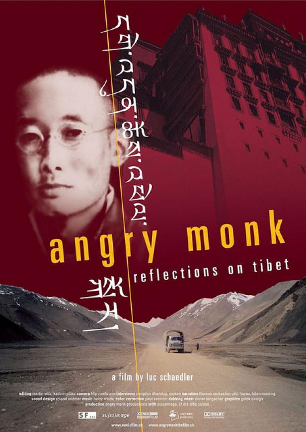 Das Filmplakat für „Angry Monk: Reflections on Tibet“ zeigt einen Mönch, einen LKW und den Potala-Palast.