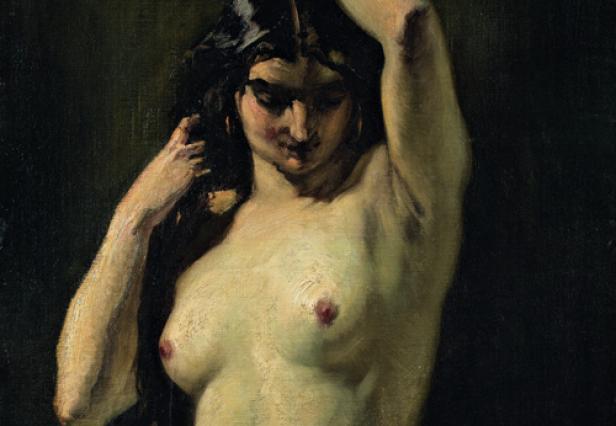 Ein Gemälde einer Frau mit dunklen Haaren, die ihre Arme über den Kopf hebt.