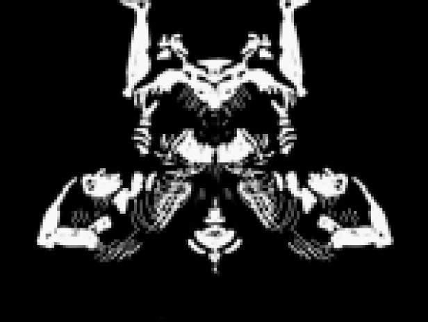 Eine Schwarz-Weiß-Illustration mit symmetrischen, stilisierten menschlichen Figuren.