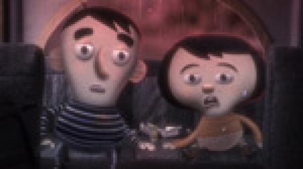 Zwei animierte Figuren, ein Junge und ein Mädchen, schauen mit besorgten Gesichtern nach vorne.