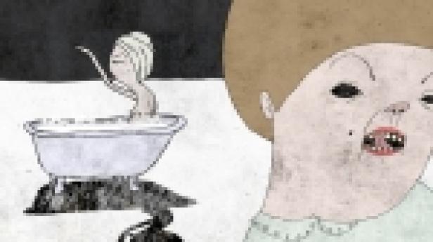 Eine stilisierte Zeichentrickfigur steht in einer Badewanne, während eine andere Figur im Vordergrund zu sehen ist.