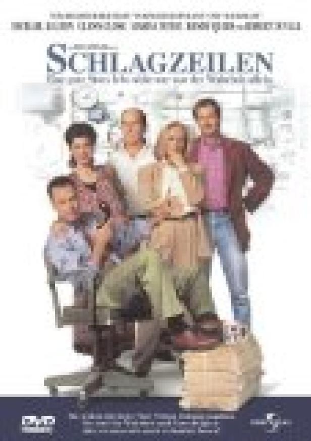Das Filmplakat von „Schlagzeilen“ zeigt sechs Personen vor einer Weltkarte.